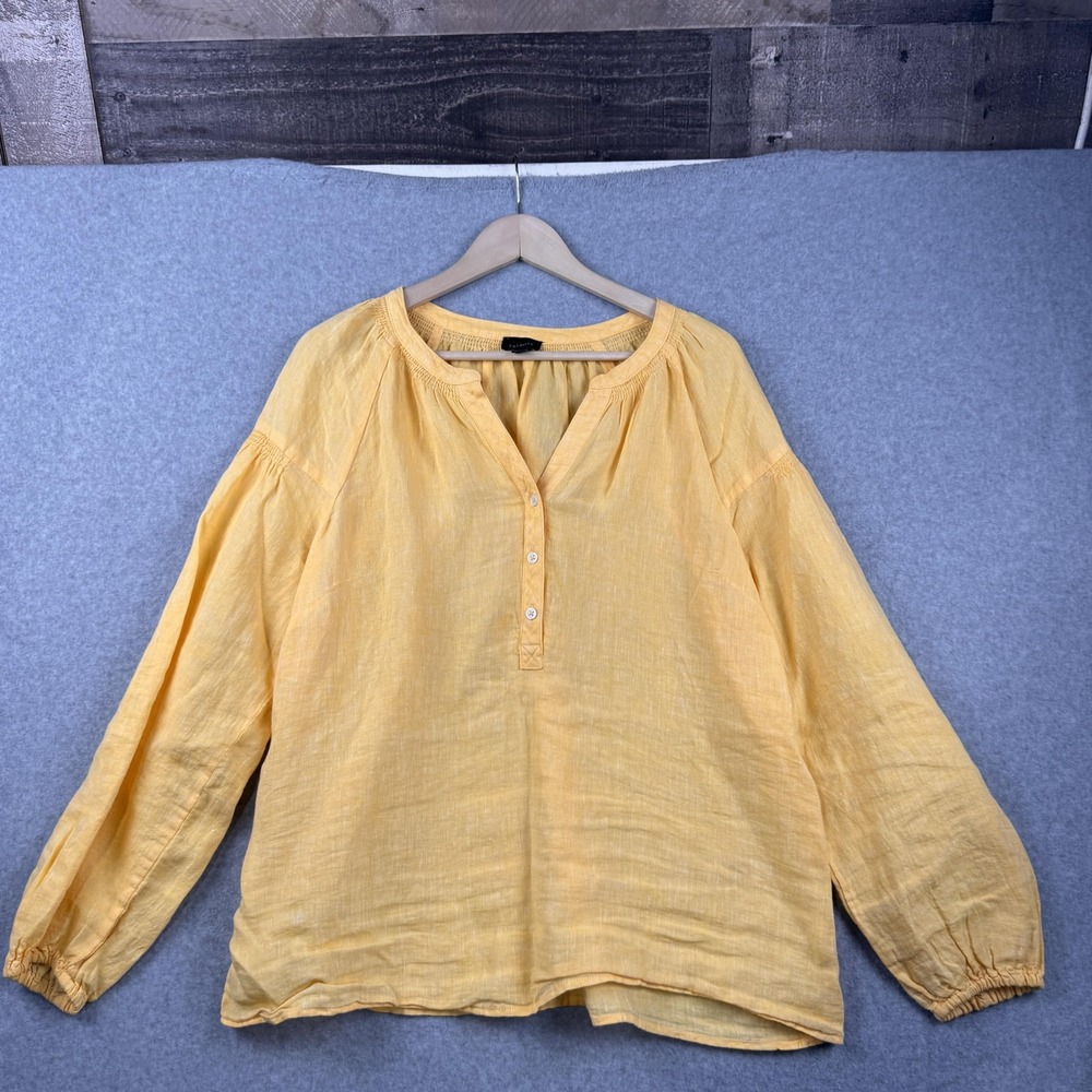Talbots Top Womens Large Yellow 100% Linen V Neck Long Sleeve Beachy Boho Summer